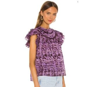 ULLA JOHNSON Amai Blouse Purple Batik Top Size 2 Small Flutter Sleeve Boxy